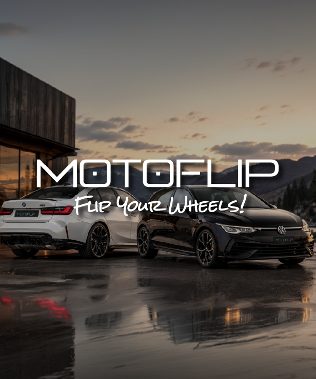 Brand banner: MOTOFLIP with the tagline 'Flip Your Wheels!' over two sports cars in a sunset-lit outdoor lot
