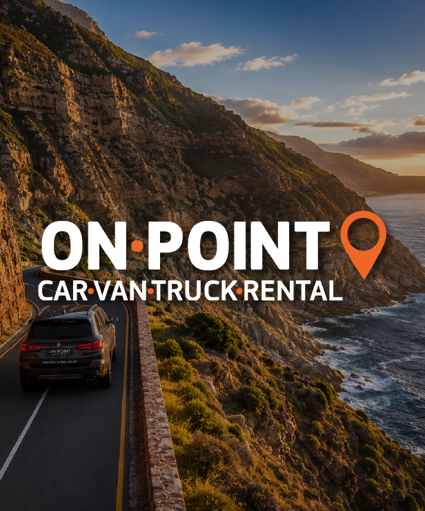 Car driving on a coastal cliff road at sunset with the 'ON POINT Car Van Truck Rental' logo overlayed