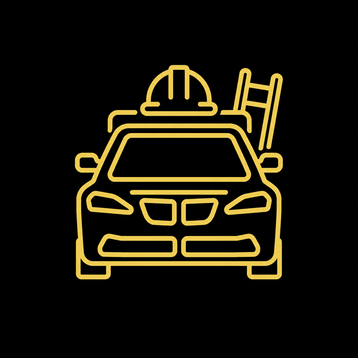 Icon-style front view of a car with a hard hat on its roof and a ladder attached, outlined in yellow on black background, indicating construction work safety.