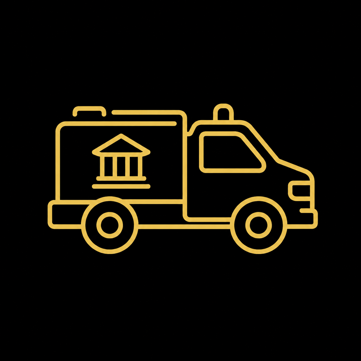 Gold-outline delivery van with a bank building icon on its side, set against a black background, indicating banking courier services.