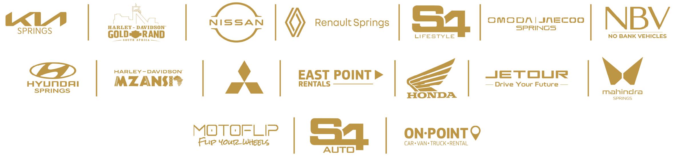 Row of gold automotive logos: Kia Springs, Harley-Davidson Gold Brand SA, Nissan, Renault Springs, S4 Lifestyle, Omoda Springs, NBV No Bank Vehicles; separated by thin vertical dividers.